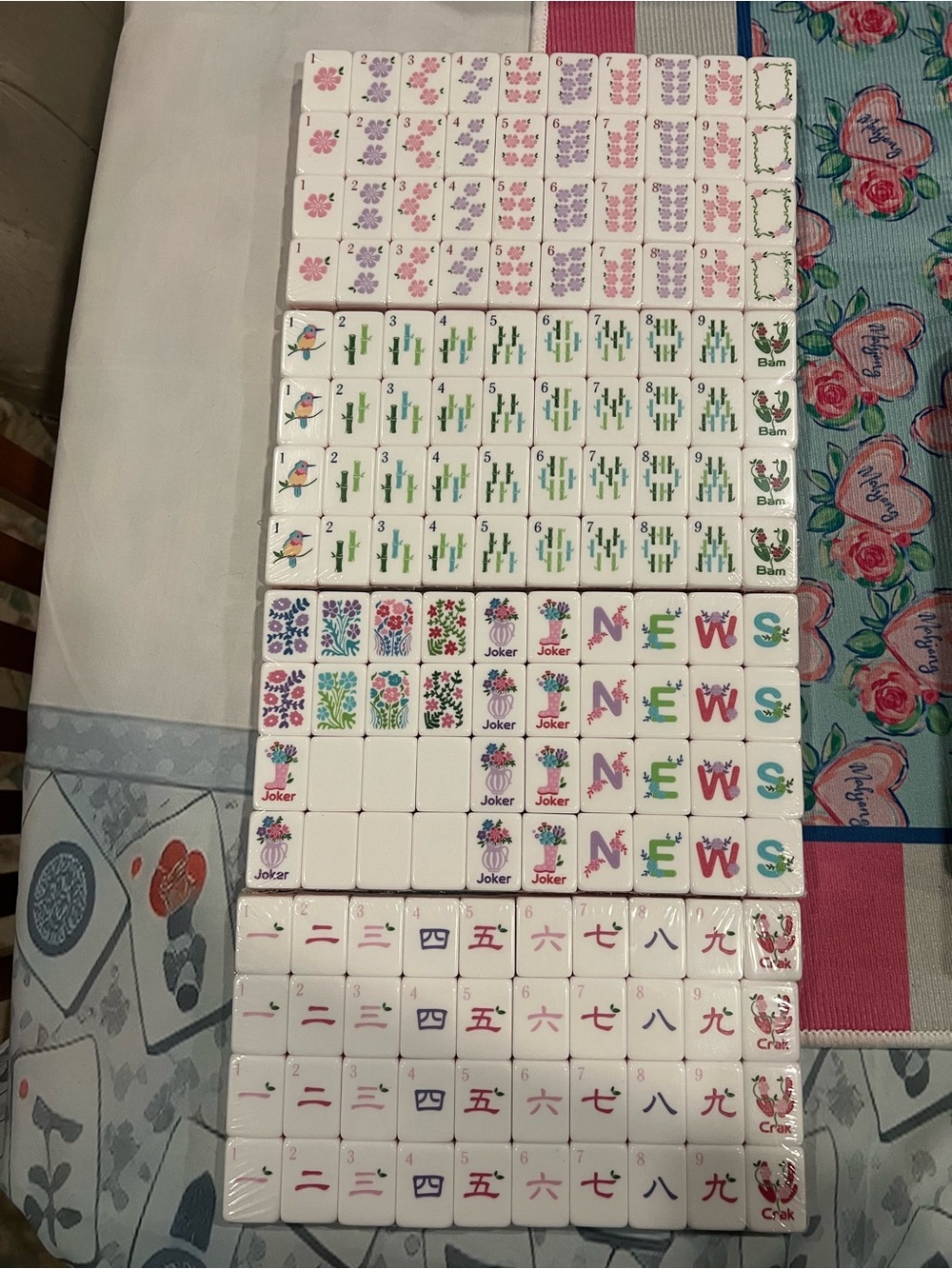 Mahjong-Style Tile Set with Pink, Purple, Green and Multicolor Accents